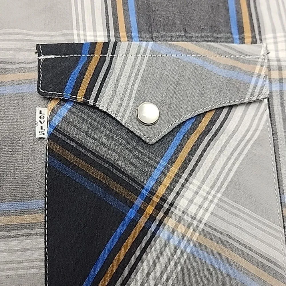 Levi's Shirt Western Cotton Pearl Snap Blue Gray Plaid Men Sz XL Standard Fit